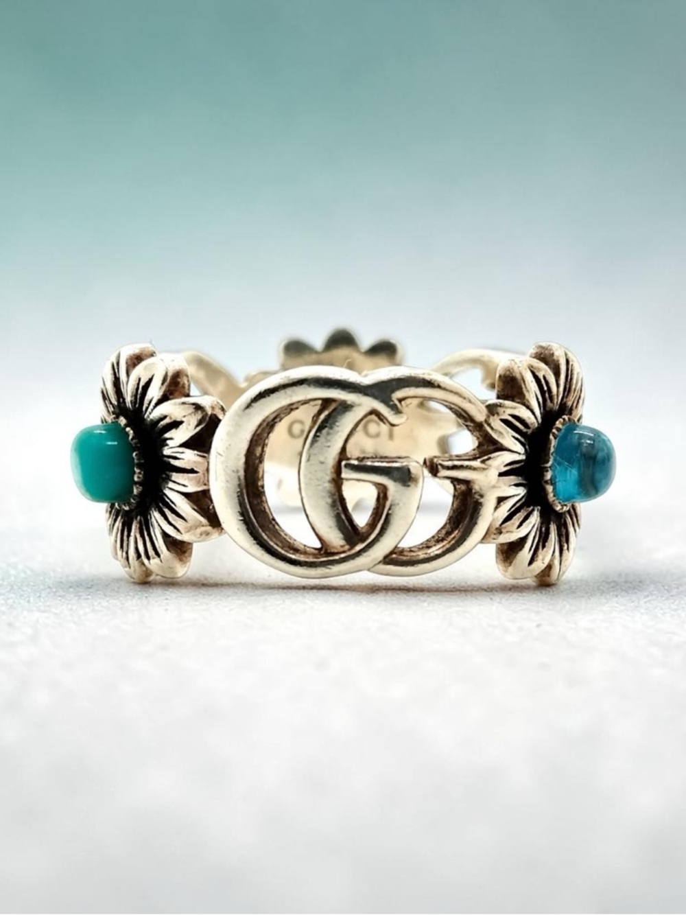 Gucci Double G Flower Ring Sterling Silver Turquoise Mother of Pearl - Picture 2 of 5